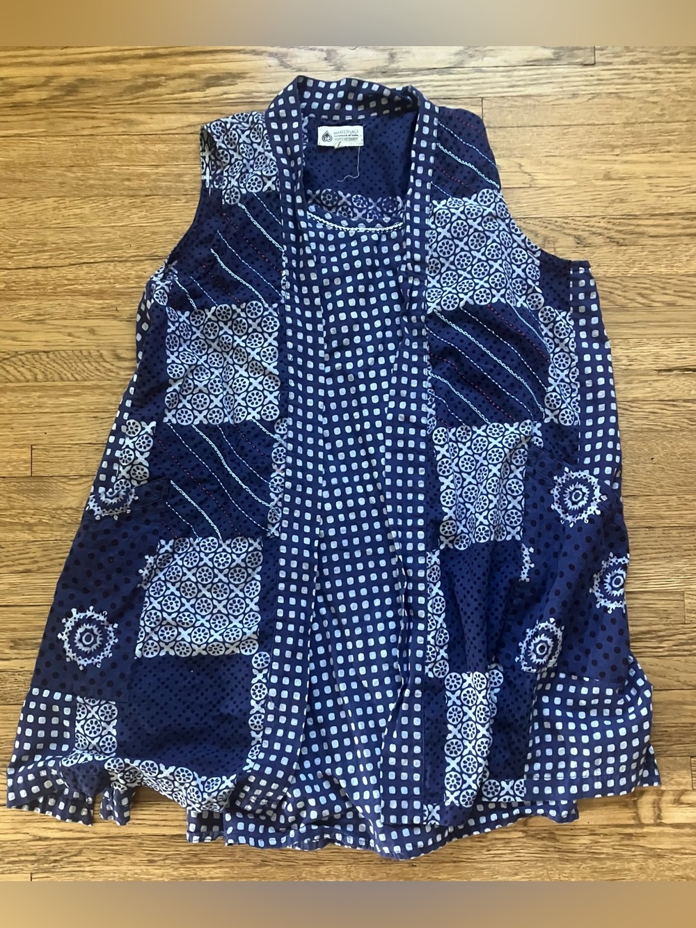 Marketplace Handwork of India Open Vest Sleeveless Dress Set Blue Print L/1W